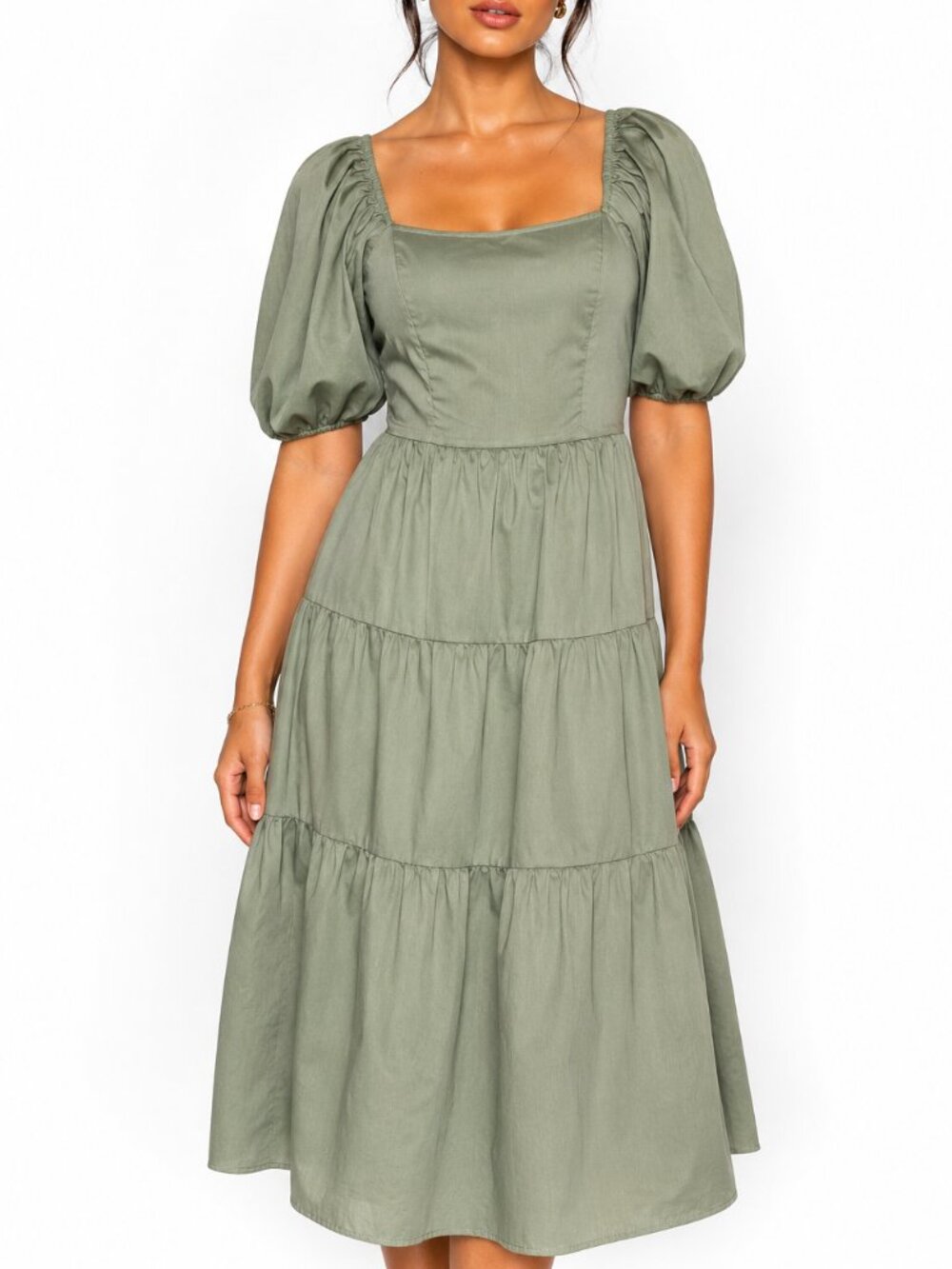 Just Found Cottagecore Open Back Tiered Puff Sleeve Square Neck Midi Dress L